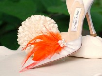 wedding photo - Bride Shoe Clips Orange Tangerine & Ivory Pearls / Rhinestone Crystal. Statement Couture Bridal Bridesmaid Engagement. Mint Blue Red Purple
