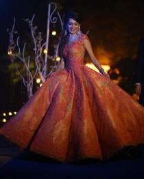 wedding photo - WeddingSutra.com On Instagram: “Meghnit Has Her Cinderella Moment In An Orange Embroidered @solteebysulakshanamonga Gown Teamed With Diamond Jewellery. Share Your…”