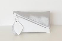 wedding photo -  Geometric leather clutch, white silver shining clutch bag, asymmetric pouch, fold over clutch, white leather clutch, bridal clutch, wedding