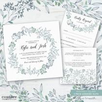 wedding photo - Printable Wedding Invitation Set, Watercolour Blue Green Wreath Whimsical style, DIY Printable Invitations