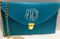 wedding photo - Teal Monogrammed Clutch Purse, A Crossbody Purse with Detachable Chain
