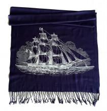 wedding photo - Clipper Ship Printed Scarf. Nautical Print Scarf. Boating, sailing silkscreen print. Linen weave pashmina. Choose navy blue, cream & more!