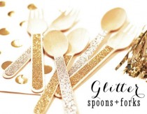 wedding photo - Glitter Party Decor - Gold Glitter Party Decorations Pink And Gold 1st Birthday Golden Birthday Glitter Spoons And Forks (EB3082) Set Of 24