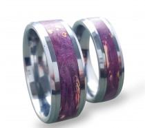 wedding photo - Tungsten Wedding Ring Set, Tungsten Carbide Ring Set, His and Hers Tungsten Rings With Purple Box Elder Burl Inlay