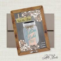 wedding photo - Ball Mason Jar Save the Date Chalkboard 5x7 Announcement, Kraft Recycled A7 Envelope, Rustic Primitive