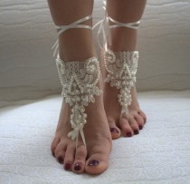 wedding photo -  Beaded ivory lace wedding sandals, free shipping!