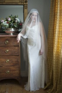 wedding photo - Juliet Cap Veil With A Blusher And Beaded Leaves In Ivory, White Or Champagne. 1920s Style Veil Cathedral Length Veil, Chapel Length