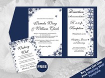 wedding photo -  DIY Printable Wedding Pocket Fold Invitation Set A7 5 x 7 | Editable MS Word file | Winter Silver Navy Blue Snowflakes