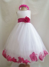 wedding photo - Flower Girl Dresses - WHITE With Fuchsia Rose Petal Dress (FD0PT) - Wedding Easter Bridesmaid - For Baby Children Toddler Teen Girls