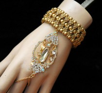 wedding photo -  Gold Gatsby Bracelet, Wedding Jewelry, Bracelet with ring, Crystal Bracelet, 1920's Bracelet, Hand Chain Bracelet, Ring Bracelet