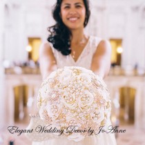 wedding photo - Pink Ivory and Gold Brooch Bouquet, Custom Rose Gold Bouquet, DEPOSIT ONLY, Pink and Gold Jeweled Wedding Bouquet, Silk Flower Bouquet