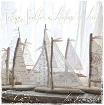wedding photo - 6.5 inch to 7 inchTall Driftwood Beach Decor Sailboat Antique Lace and Linen Sails Beachside Lakeside Home Decor Wedding Favors Cake Topper
