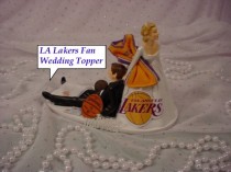 wedding photo - LA Lakers Basketball Fan Sports Anxious Bride dragging Groom Wedding Cake Topper
