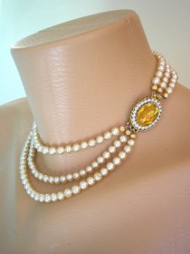 wedding photo -  Pearl Choker, Pearl Necklace, Citrine, Great Gatsby Jewelry, Statement Necklace, Pearl Wedding Choker, Art Deco, Amber, Topaz, Vintage