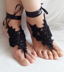 wedding photo -  Beaded black lace wedding sandals, free shipping!