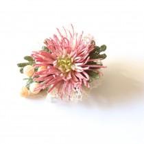 wedding photo - Crochet brooch with dusty pink flower and mother of pearl beads, crochet art, micro crochet, OOAK