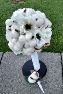 wedding photo - Cotton Bridal Bouquet- Cotton Rustic Bouquet- Cotton Woodland Bouquet