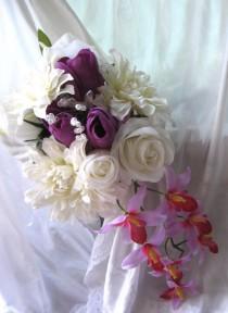 wedding photo - Cascading Bridal Bouquet, Wedding Flowers - Orchids, Dahlias, White Roses, Calla Lilies - Bridal Bouquet - Wedding Flowers - Silk Flower