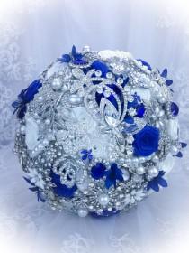 wedding photo - Luxurious Pure White Royal Blue Brooch bouquet. DEPOSIT on Sapphire Blue bridal crystal bling broach bouquet.