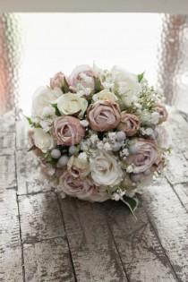 wedding photo - Hannah Bridal Posy - Mauve & Ivory Rose and Baby's Breath Silk Wedding Bridal Bouquet