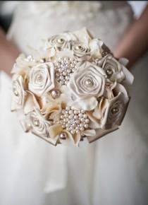 wedding photo - Ivory Brooch Bridal Bouquet with Ivory Hydrangea, Ivory Satin Roses, Beautiful Pearl Brooches, Burlap and Lace.