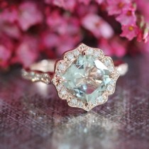 wedding photo - Rose Gold Green Amethyst Diamond Engagement Ring In Vintage Floral Scalloped Diamond Wedding Band 14k Gold 8x8mm Cushion Green Gemstone Ring