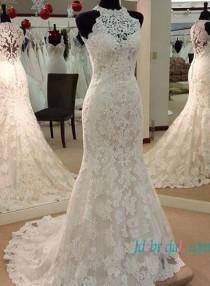 wedding photo -  Elegant halter high neck lace mermaid wedding dress