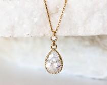wedding photo -  Gold teardrop necklace, Wedding crystal necklace, CZ crystal necklace, Pendant necklace, Bridal gold jewelry, Crystal bridal necklace.