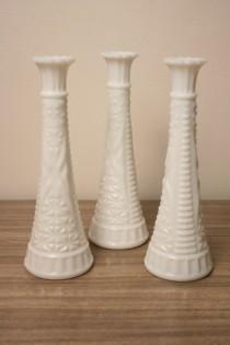 wedding photo - Vintage Bud Vase  Milk Glass 3 Matching White Wedding Cottage Style