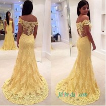 wedding photo -  Sexy illusion lace back off shoulder yellow lace prom dress