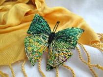 wedding photo - Fiber Brooch Green Yellow Butterfly. Fiber Art Pin. Felt brooch. Machine Embroidered .Butterfly Brooch. Fabric butterfly. Textile Jewelry.