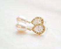 wedding photo -  Gold Bridal Earrings, Gold Wedding Earrings, Gold Pearl and CZ Earrings, Gold Wedding Jewellery