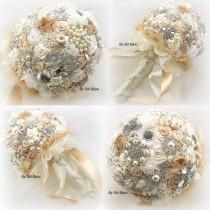 wedding photo - Brooch Bouquet, Champagne, Gold, Beige, Cream, Ivory, Vintage Style, Elegant Wedding, Jeweled, Fabric, Pearls, Crystals, Lace, Gatsby