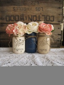 wedding photo - Set Of 3 Pint Mason Jars, Painted Mason Jars, Rustic Centerpieces, Baby Shower Decorations, Navy Blue, Tan And Creme Mason Jars