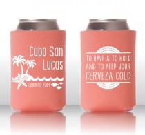 wedding photo - To Have & To Hold And To Keep Your Beer/Drink/Cerveza Cold // Tropical Beach Destination Wedding // Custom Wedding Can Coolers Party Favors