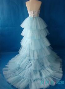 wedding photo -  Fantasy white and blue lace wedding dress with detachable train