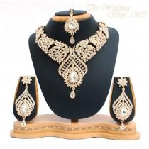 wedding photo - Elegant Bridal Set Heavy Gold Plated Diamante Crystal Vintage Indian Jewelry Necklace Earrings & Tikka Wedding Jewellery Party Prom NS10G