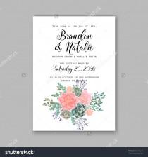 wedding photo - Wedding invitation template with succulents and rose bouquet with eucaliptus leaf