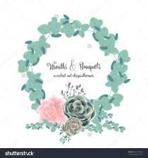 wedding photo - Unique set of bouquet and wreath of flower succulent, chrysanthemum, cactus, eucalyptus with leave and basil. Suitable for ceremonial wedding invitation, greeting card, save the date card.