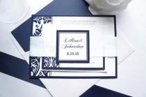 wedding photo -  Navy Blue Damask Wedding Invitation - SAMPLE SET