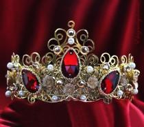 wedding photo - Red Rhinestone Bridal Crown Tiara with Swarovski Crystals Pearls for Bride, Bridesmaid, renaissance crown, Wedding Party Baroque Runway