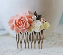 wedding photo - Wedding Flower Hair Comb. Pink, Ivory, White Flowers Collage Hair Comb.  Butterfly Pearl Bridal Hairpiece, Bridesmaid Gift
