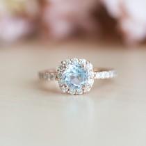 wedding photo - Aquamarine Rose Gold Ring, Cushion Cut Engagement Ring, Diamond Halo Ring, Aquamarine Engagement Ring, Aquamarine Jewelry