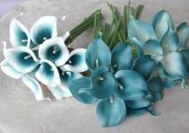 wedding photo - 10 Picasso Teal Blue Teal Edge Calla Lilies Real Touch Flowers For Silk Wedding Bouquets, Centerpieces, Wedding Decorations