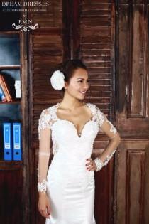 wedding photo - Sheer Long Sleeve Satin Wedding Dress (#PB095)