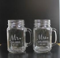 wedding photo - Set of Mr and Mrs/Mason Jar Mugs/Custom/Surname/Date/Engraved/Bride and Groom Glasses/Heart/Wedding Glass/Wedding Decor/Shower Gift
