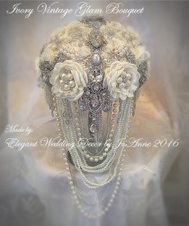wedding photo - Ivory Wedding Bridal Brooch Bouquet, DEPOSIT ONLY, Ivory Glam Brooch Bouquet with hanging Pearls, Custom Bouquet, Cascading Brooch Bouquet