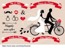 wedding photo - Wedding invitation, bride and groom on tandem bicycle, save the date, just married, Mr & Mrs, digital clip art set, ribbons, card, download