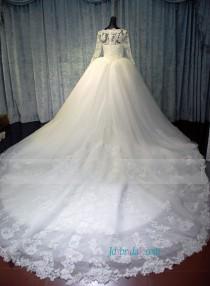 wedding photo - H1487 Modest lace fairytale tulle wedding dress with long sleeves