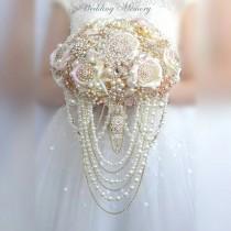 wedding photo - Silk flower brooch bouquet of rose gold, blush pink, champagne. Pink and gold jeweled crystal alternative cascading pearls bouquet